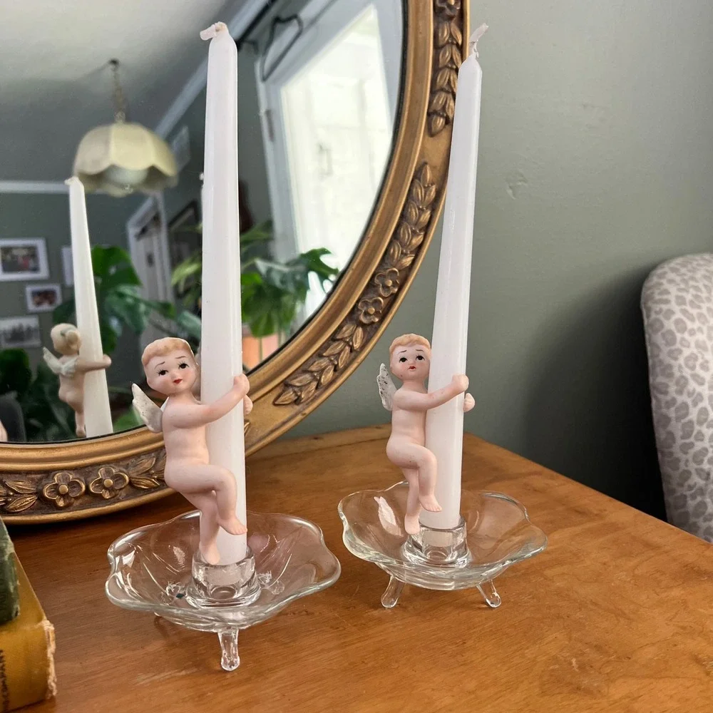 Vintage Lefton Porcelain Cherub Candle Climbers Set of 2 Japan Bisque Angel 4